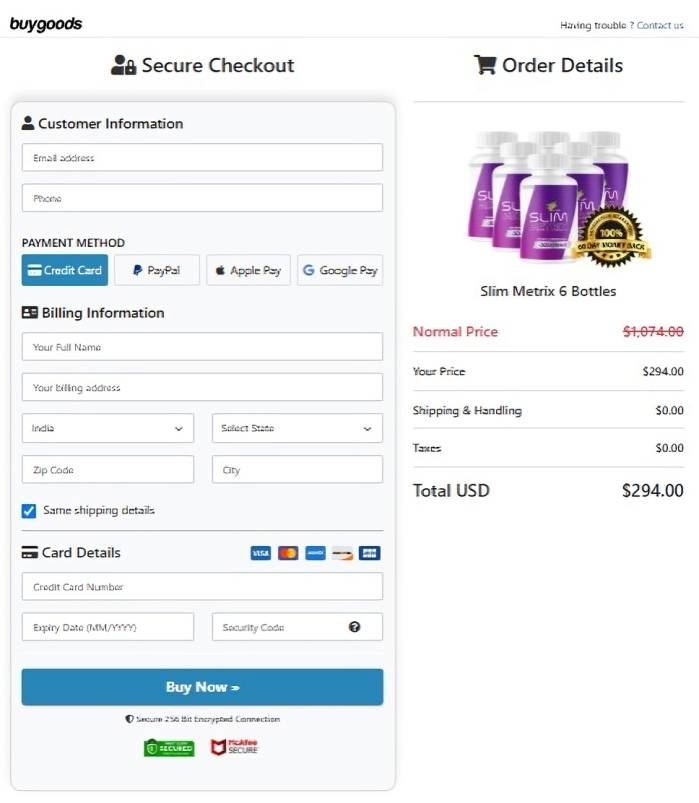 SlimMetrix Secure Order Page — Checkout